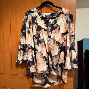 INC International Concepts Black Floral Wrap Blouse with Peach Accents